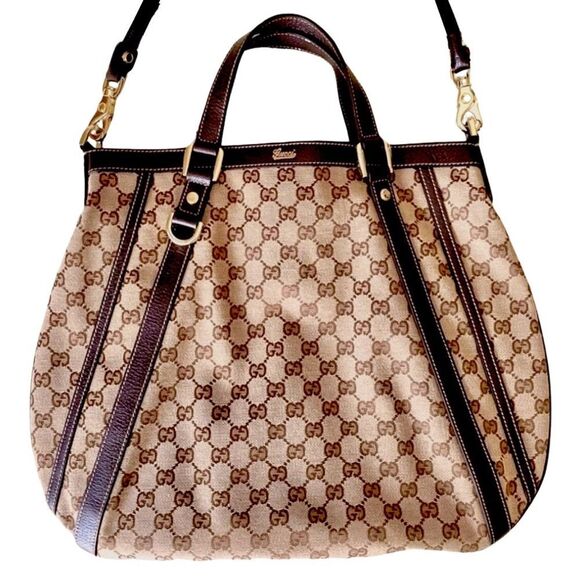 GUCCI Abbey Monogram Oversized Tan Canvas & Brown Leather Crossbody Shoulder Bag - Picture 3 of 17